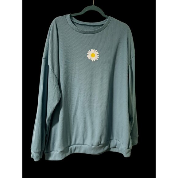 Daisy Print Ribbed Aqua Blue Long Sleeve Crewneck Top 4XL Polyester & Spandex Wo - Picture 2 of 7
